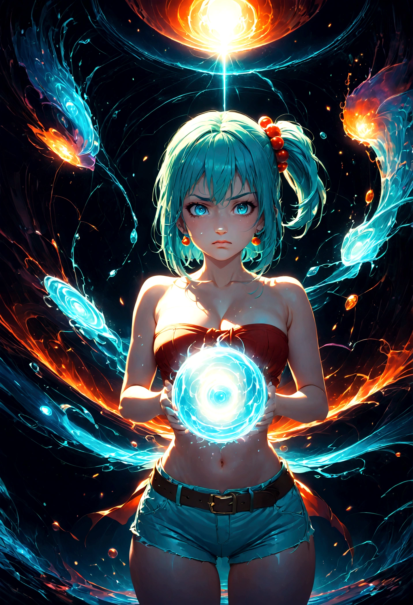 1girl, bulma, blue eyes, blue hair, bare shoulders, belt, cleavage, hair bobbles, hair ornament, hair over shoulder, midriff, navel, one side up, red tube top, shorts, side ponytail, strapless, tube top, (Disgusted face), looking at viewer, contempt, shaded, frown, dramatic composition, cinematic dynamic action scene, vibrant colors, cinematic lighting, dramatic lighting, best quality, masterpiece, very aesthetic, perfect composition, intricate details, ultra-detailed