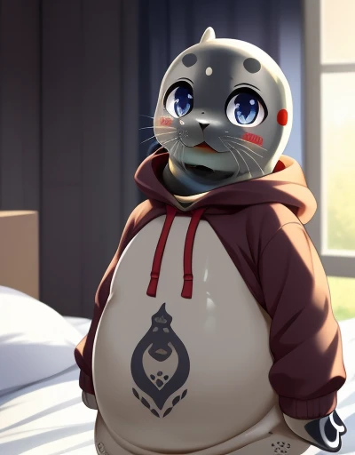 (((detailed eyes, detailed face))), (bara, oosumi (no ears:1.8, earless), (facial mark, tattoo on face)), male, (solo), (plump, fat, chubby, overweight), (gray kigurumi:1.8, (earless seal:1.8) animal costume, long sleeves, hood), standing, (arms behind back), smile BREAK (konzaburou, ukan_muri, cute), bedroom, (soft shading), 8k, UHD, masterpiece, (full body)