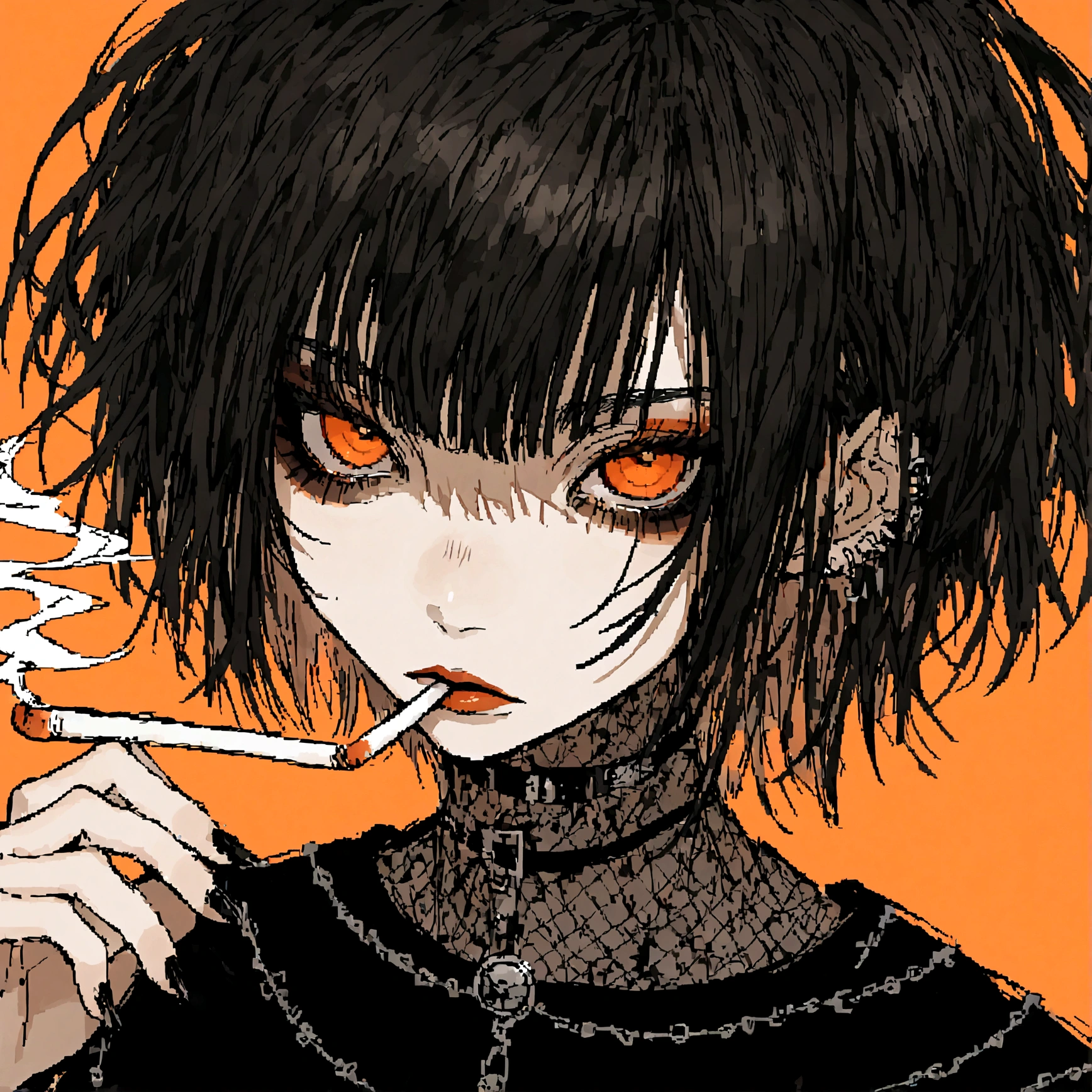 a portrait of a punk female with black hair, orange eyes and an orange backround, smoking cigarette, wearing punk goth attire, wearing goth makeup, solo, alone, black eyeliner, (SOLO)(ALONE)