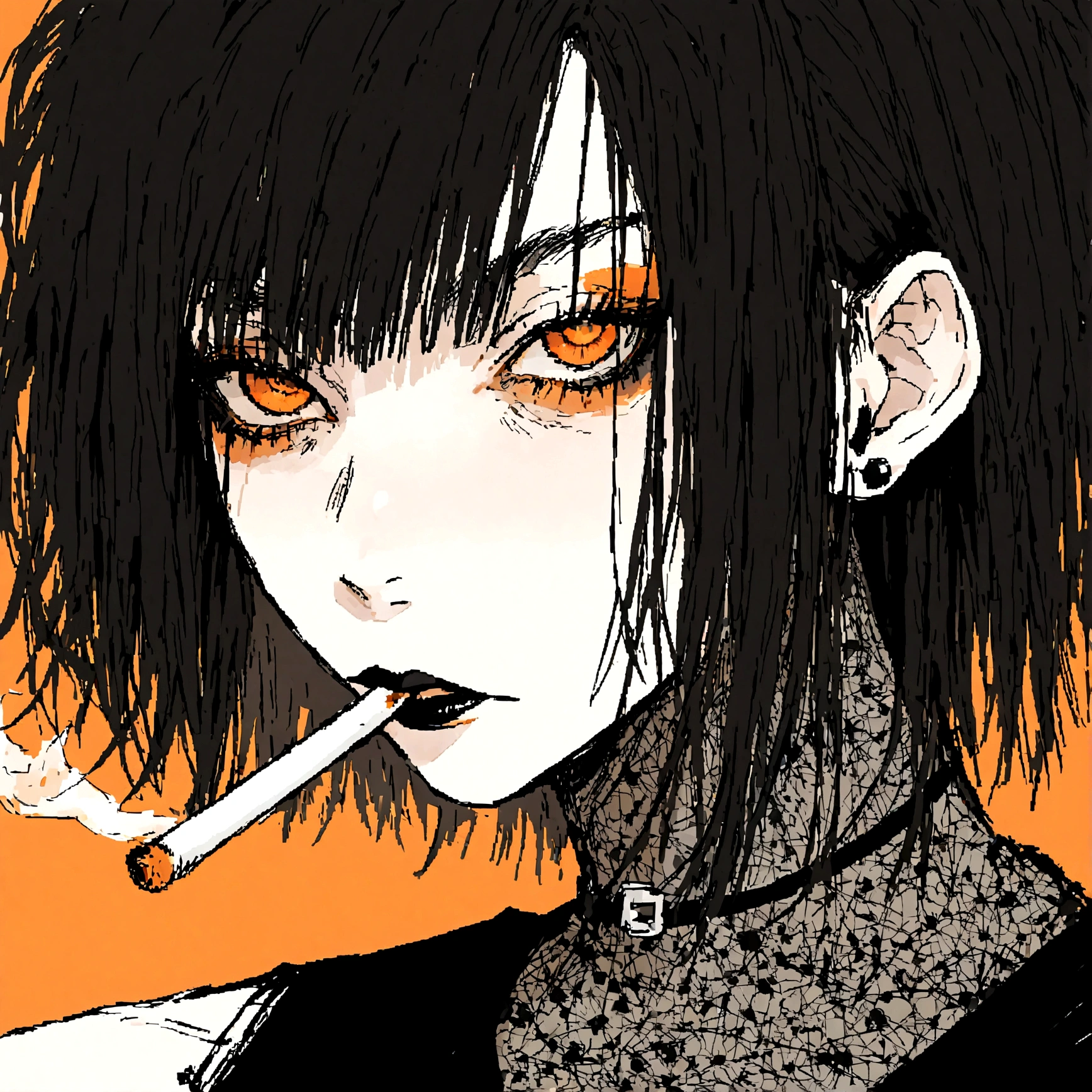 a portrait of a punk female with black hair, orange eyes and an orange backround, smoking cigarette, wearing punk goth attire, wearing goth makeup, solo, alone, black eyeliner, (SOLO)(ALONE)