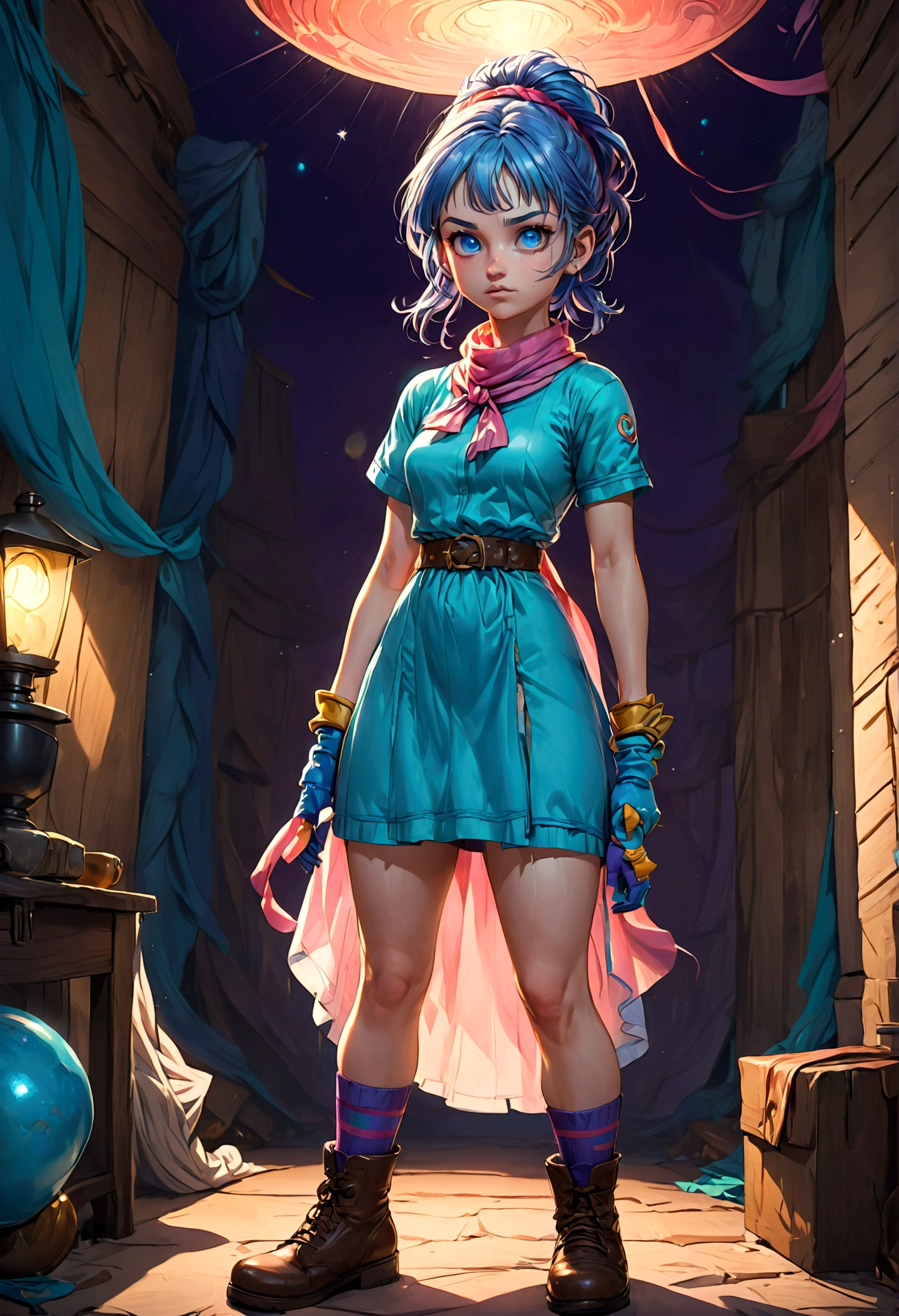 1girl, bulma, blue eyes, blue hair, ankle boots, ankle socks, belt, blue footwear, boots, bracelet, braid, braided ponytail, brown belt, brown gloves, dress, gloves, hair ribbon, jewelry, loose socks, parted bangs, pink dress, purple scarf, purple socks, red ribbon, ribbon, scarf, shoes, short dress, short sleeves, single glove, sneakers, socks, vertical-striped clothes, vertical-striped dress, (Disgusted face), looking at viewer, contempt, shaded, frown, dramatic composition, cinematic dynamic action scene, vibrant colors, cinematic lighting, dramatic lighting, best quality, masterpiece, very aesthetic, perfect composition, intricate details, ultra-detailed