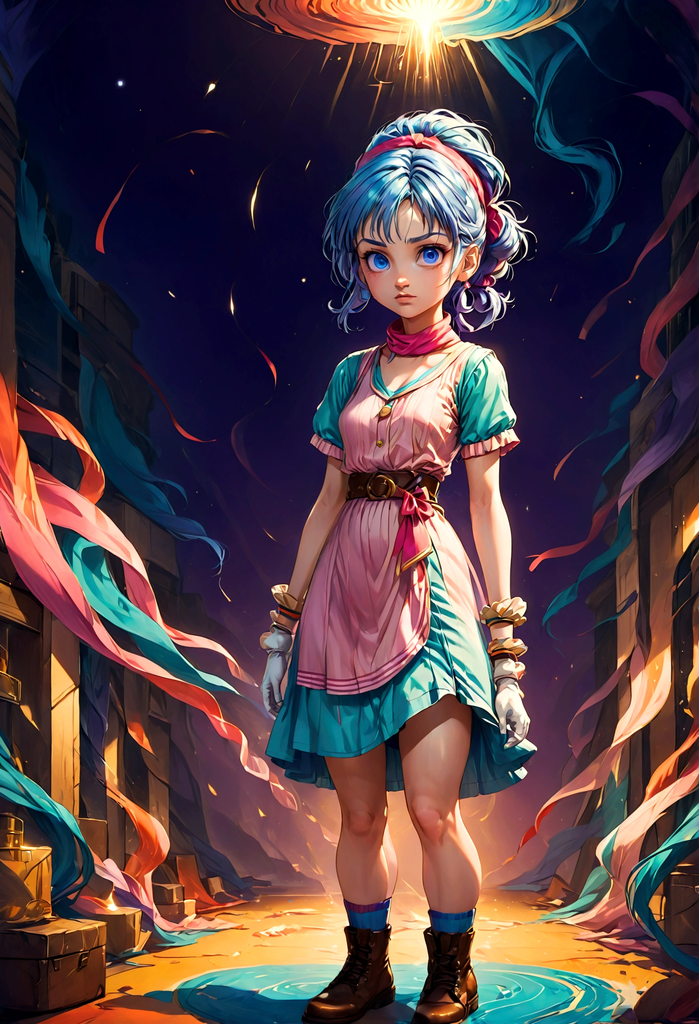 1girl, bulma, blue eyes, blue hair, ankle boots, ankle socks, belt, blue footwear, boots, bracelet, braid, braided ponytail, brown belt, brown gloves, dress, gloves, hair ribbon, jewelry, loose socks, parted bangs, pink dress, purple scarf, purple socks, red ribbon, ribbon, scarf, shoes, short dress, short sleeves, single glove, sneakers, socks, vertical-striped clothes, vertical-striped dress, (Disgusted face), looking at viewer, contempt, shaded, frown, dramatic composition, cinematic dynamic action scene, vibrant colors, cinematic lighting, dramatic lighting, best quality, masterpiece, very aesthetic, perfect composition, intricate details, ultra-detailed