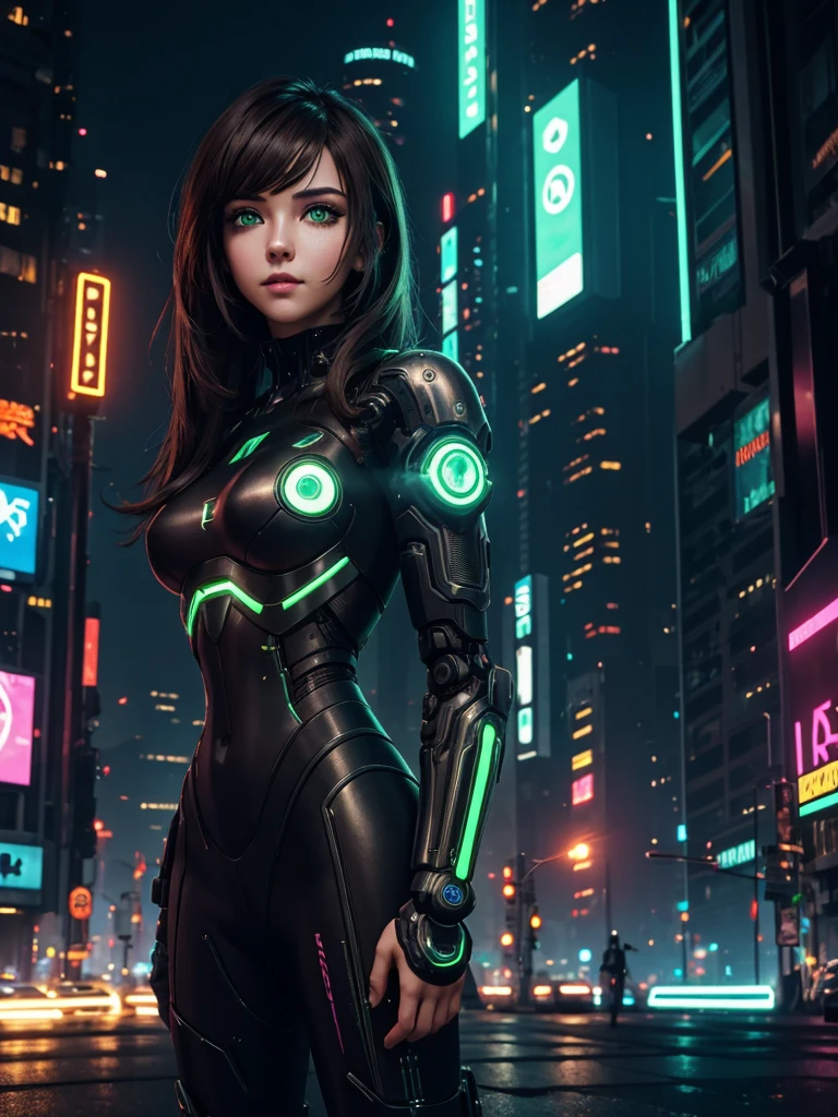 girl, Robot, Green Eyes, Cyberpunk city background, Neon, Dark brown hair, Greeting Posture, masterpiece, Ultra-high detail