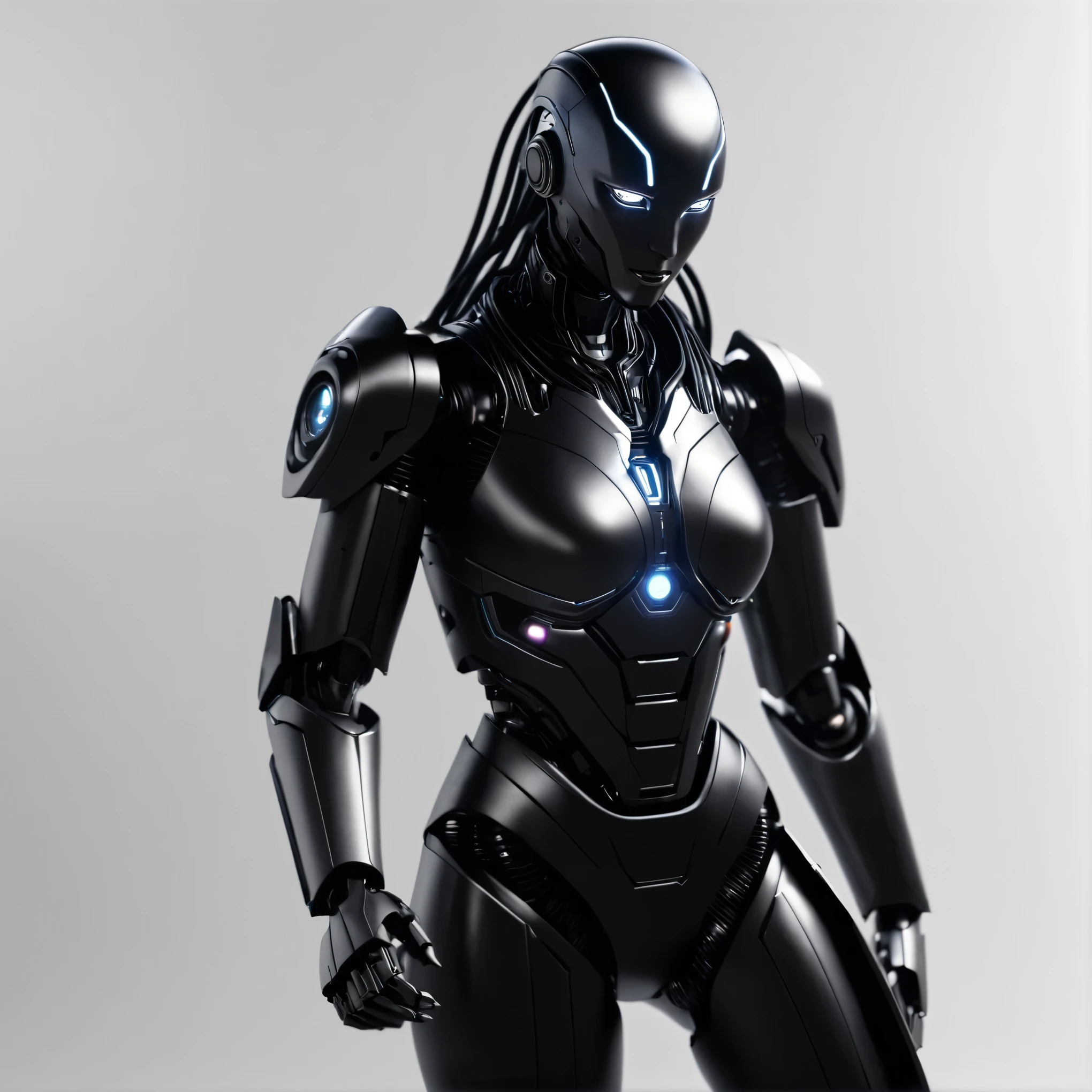Extremely detailed elegant powerfull futuristic Android Humanoid Character design hiperrealist 8k photorealistic render bright eyes metal skin black metal details intrincate machinery parts dynamic compose cinematic lighting with dark surfaces 35mm lens render