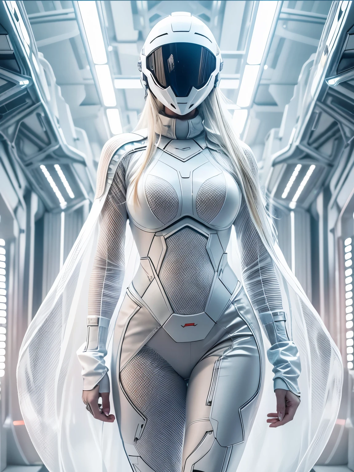 Full body. An ultra hot gorgeous European woman covered in loose clothing. White cotton veils. Large breast. ((Her face is hidden behind a futuristic helmet )).A sci-fi image. In an aseptic futuristic setting.