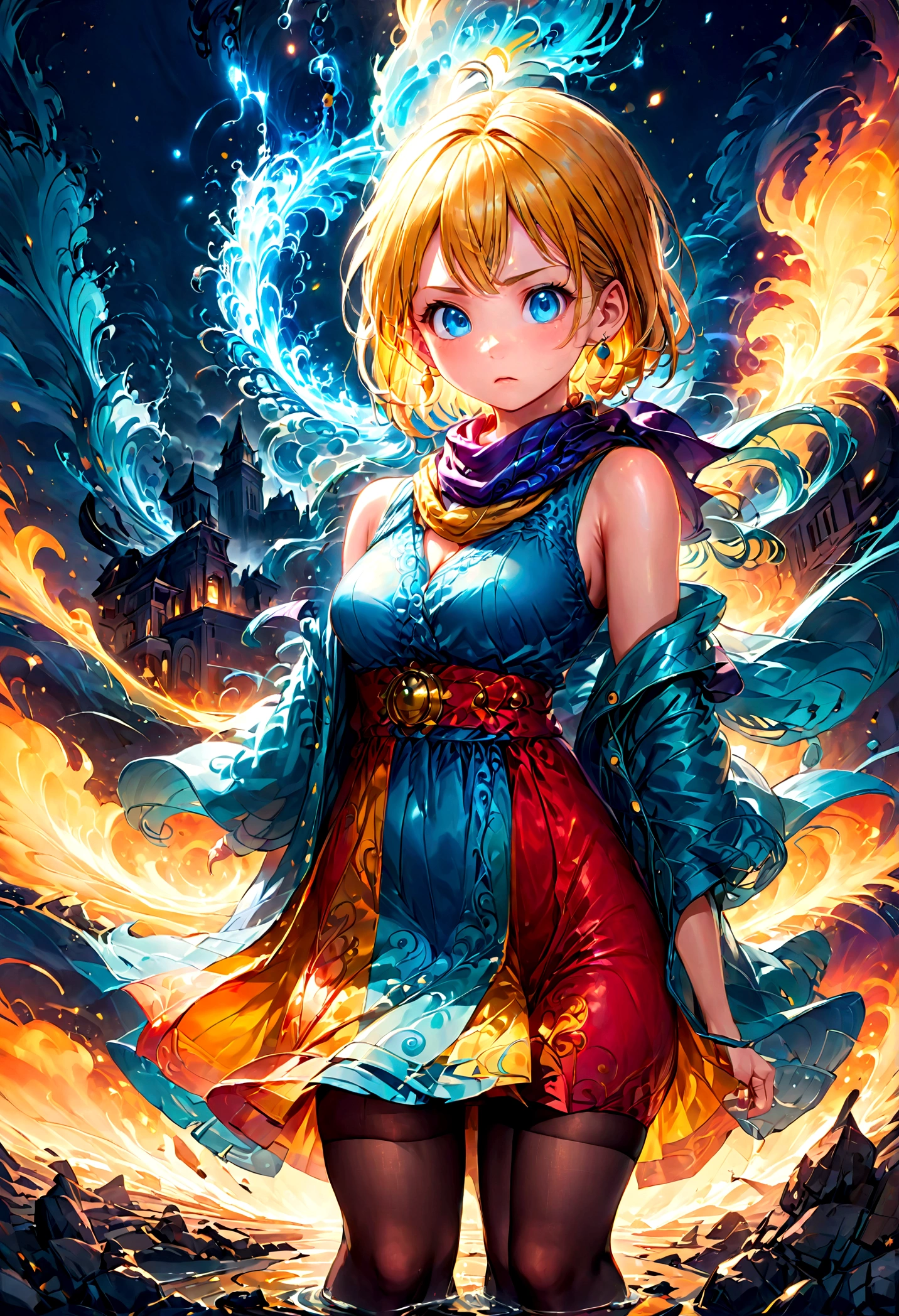 1girl, bulma, blue eyes, blue hair, bare shoulders, boots, cleavage, dress, earrings, jewelry, pantyhose, red dress, scarf, short dress, short hair, sleeveless, sleeveless dress, very short hair, yellow scarf, (Disgusted face), looking at viewer, contempt, shaded, frown, dramatic composition, cinematic dynamic action scene, vibrant colors, cinematic lighting, dramatic lighting, best quality, masterpiece, very aesthetic, perfect composition, intricate details, ultra-detailed