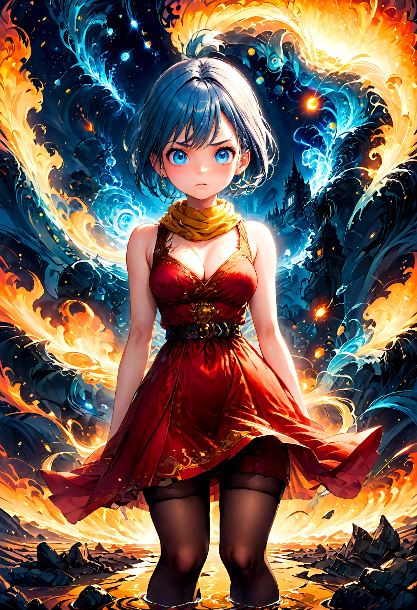 1girl, bulma, blue eyes, blue hair, bare shoulders, boots, cleavage, dress, earrings, jewelry, pantyhose, red dress, scarf, short dress, short hair, sleeveless, sleeveless dress, very short hair, yellow scarf, (Disgusted face), looking at viewer, contempt, shaded, frown, dramatic composition, cinematic dynamic action scene, vibrant colors, cinematic lighting, dramatic lighting, best quality, masterpiece, very aesthetic, perfect composition, intricate details, ultra-detailed