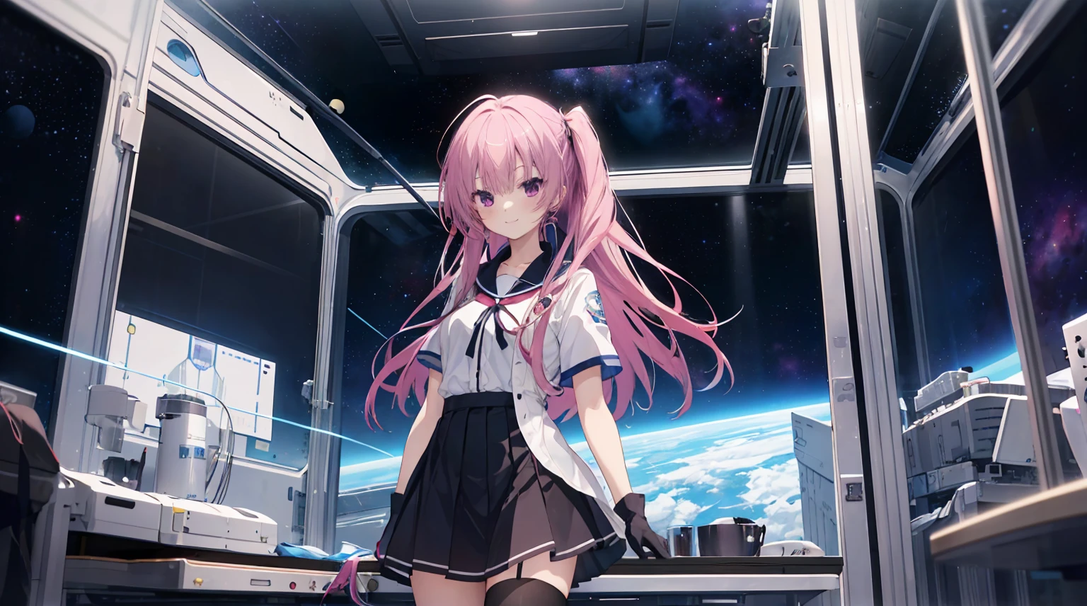A girl,Solitary,Pink long hair,Moderate,Smile,Medium-length hair,Messy hair,Short sleeve,Short sleeve游戏服,Black skirt,Black stockings,Black gloves,Inside the spacecraft,Glass Windows,Space background, Anime style 4k,mitsukasa ayase、character-centered