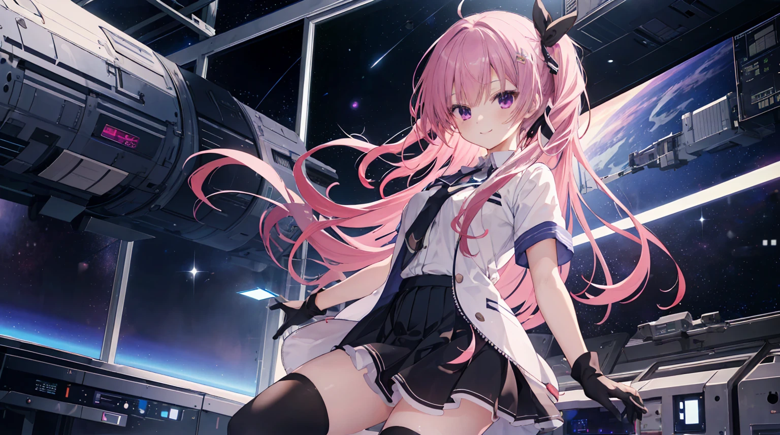 A girl,Solitary,Pink long hair,Moderate,Smile,Medium-length hair,Messy hair,Short sleeve,Short sleeve游戏服,Black skirt,Black stockings,Black gloves,Inside the spacecraft,Glass Windows,Space background, Anime style 4k,mitsukasa ayase、character-centered