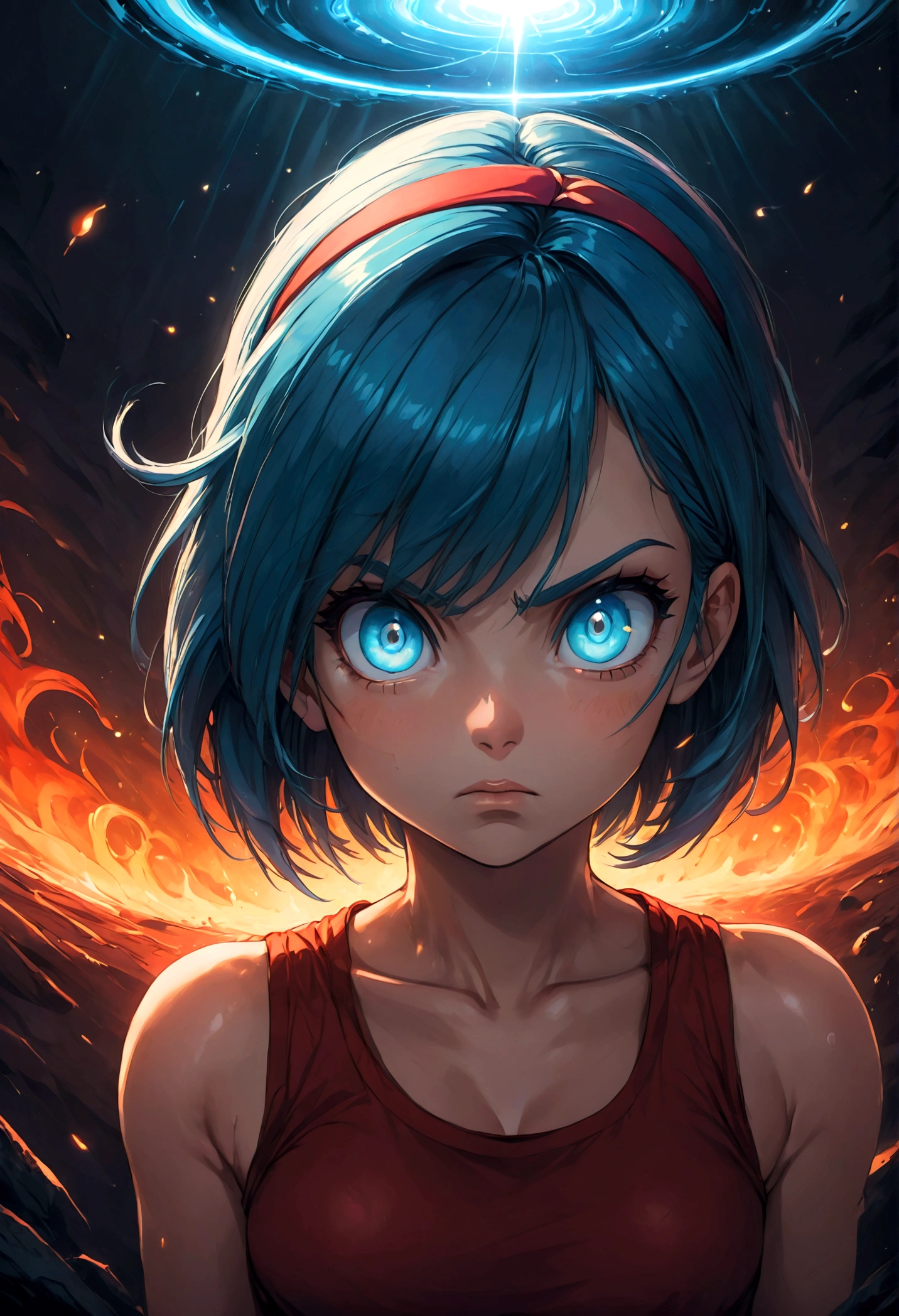 1girl, bulma, blue eyes, blue hair, crop top, headband, red headband, short hair, tank top, (Disgusted face), looking at viewer, contempt, shaded, frown, dramatic composition, cinematic dynamic action scene, vibrant colors, cinematic lighting, dramatic lighting, best quality, masterpiece, very aesthetic, perfect composition, intricate details, ultra-detailed