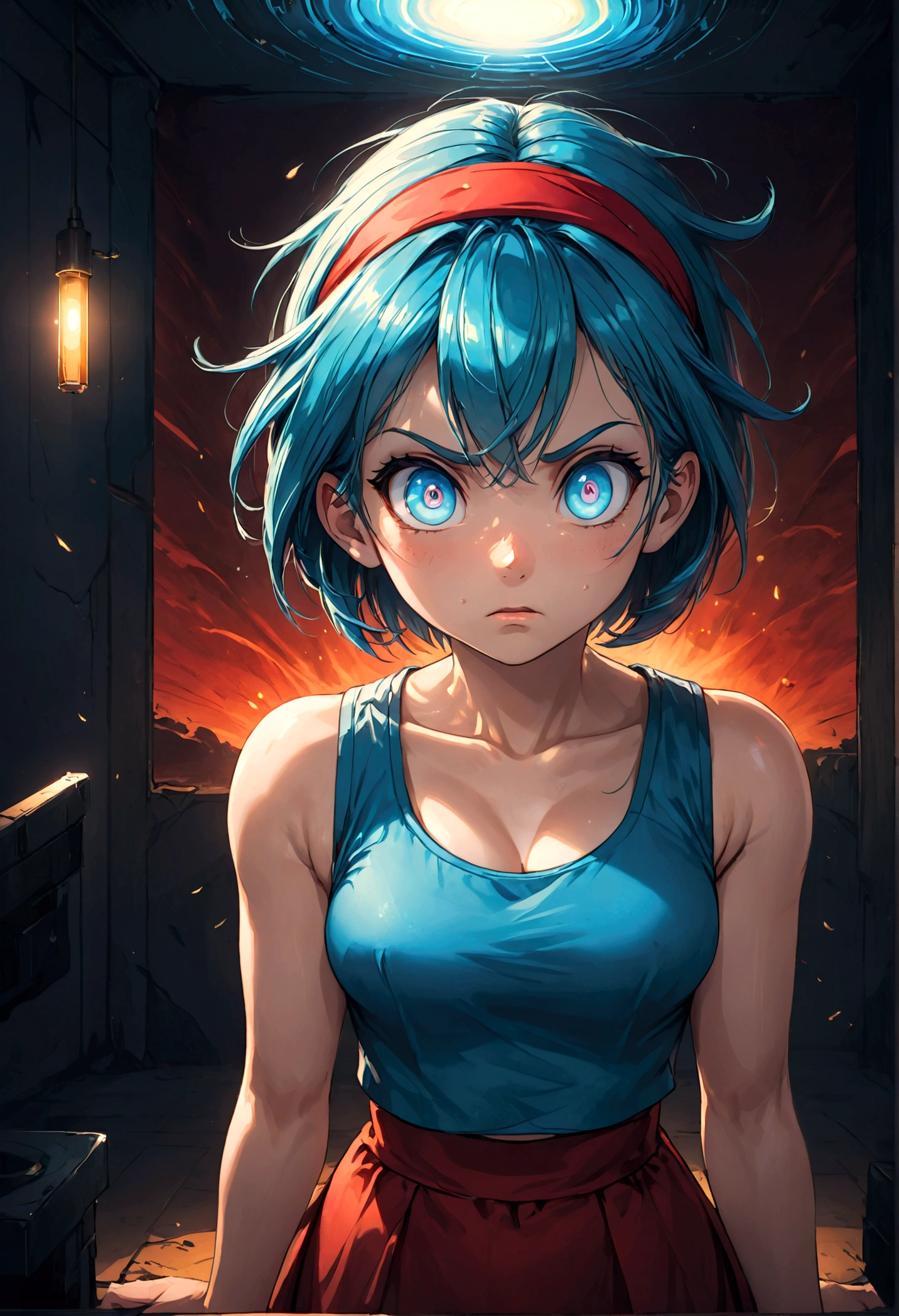 1girl, bulma, blue eyes, blue hair, crop top, headband, red headband, short hair, tank top, (Disgusted face), looking at viewer, contempt, shaded, frown, dramatic composition, cinematic dynamic action scene, vibrant colors, cinematic lighting, dramatic lighting, best quality, masterpiece, very aesthetic, perfect composition, intricate details, ultra-detailed