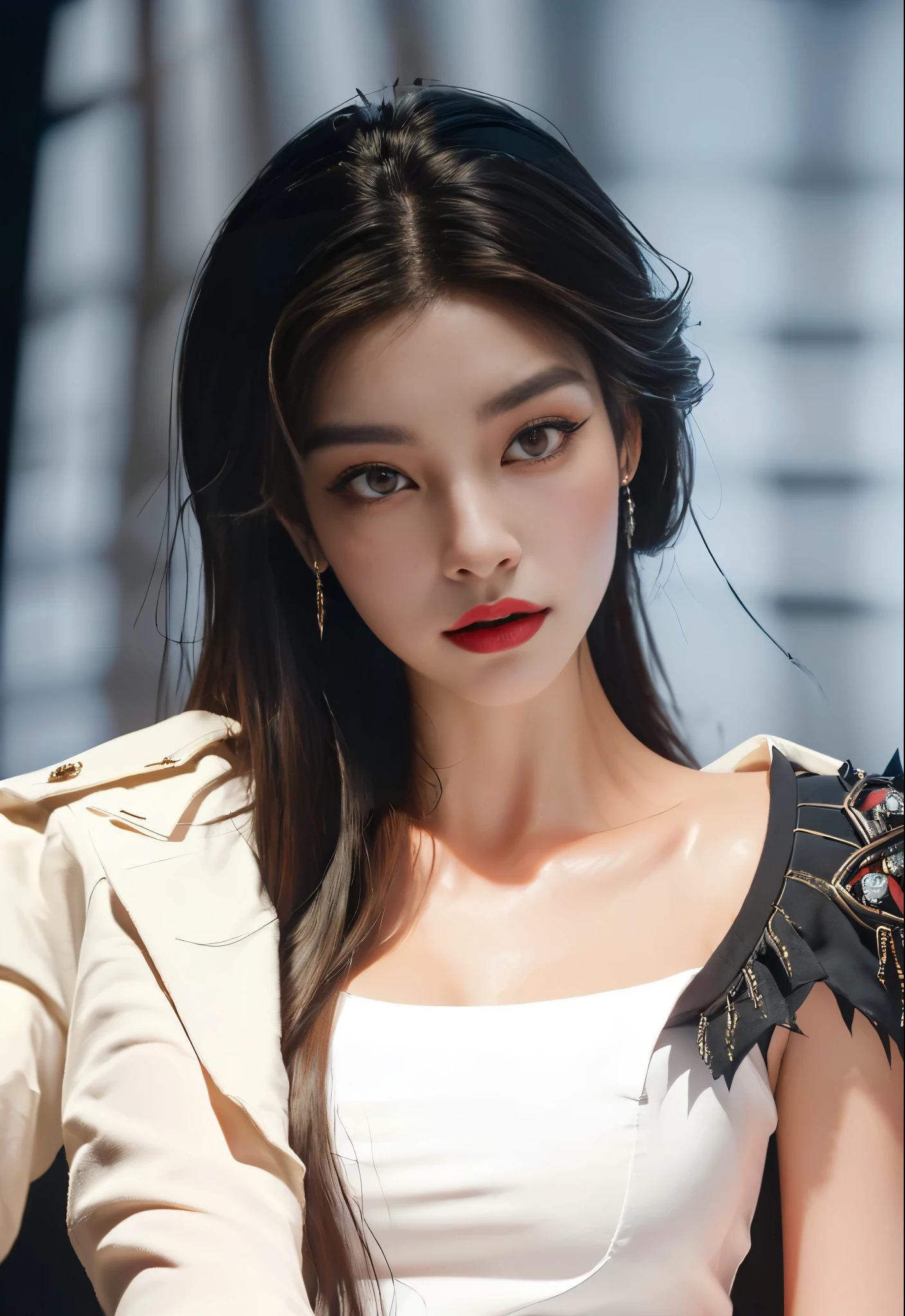 (High resolution,Practical) Long hair girl,skirt, Beautiful demon woman from hell, (in the darkness: 1.6), Very rich facial details，Red-black lips, Shoulder devil tattoo，rugged, Moderate: Detailed facial features, Determine the expression, Dark background，The environment is mysterious and elegant, Model, High contrast required, Jewelry, earrings, miniskirt, shirt, Jacket, brown hair, 白shirt, A bracelet, blue Jacket, skirt, Beautiful demon woman from hell, (in the darkness: 1.6), Surrealist portraits of women by David Hockney and Alphonse Mucha, Fantasy Art, Korean Doll, Photorealism, Dynamic Lighting, Art Station, poster, Volumetric Lighting, Very rich facial details, 8K, in the darkness, Deep Shadows, low pitch, long hair, Black Hair, Luxurious Palace, Royal style, Demon Crown, The red eye makeup is very vivid and detailed, the most beautiful face, Normal breast
