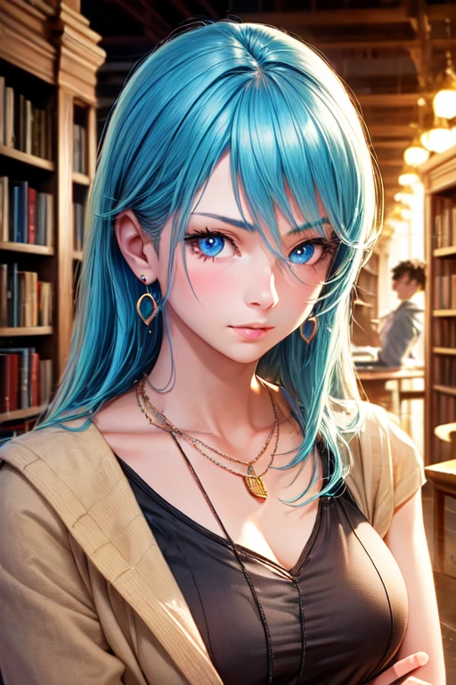1girl and 1 man,in library,the man have red eyes,the girl have blue eyes wearing earrings and orange crystal necklace,realistic anime