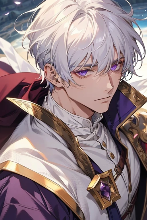 1 man, tranquility, age 35, face, short messy bangs, White hair, amethyst colored eyes, (white clothes, simple clothes), Close-up, medieval times, merchant.