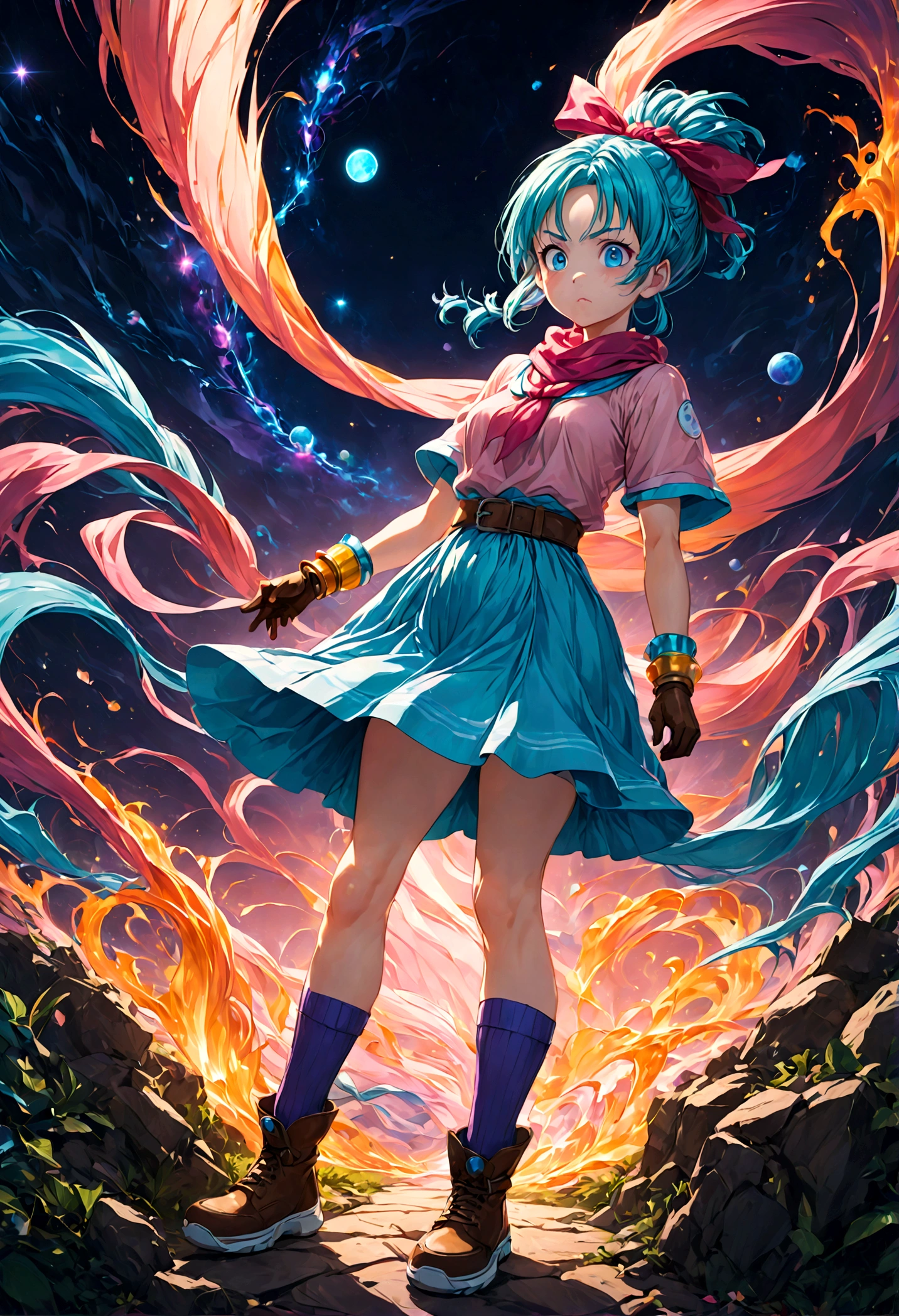 1girl, bulma, blue eyes, blue hair, ankle boots, ankle socks, belt, blue footwear, boots, bracelet, braid, braided ponytail, brown belt, brown gloves, dress, gloves, hair ribbon, jewelry, loose socks, parted bangs, pink dress, purple scarf, purple socks, red ribbon, ribbon, scarf, shoes, short dress, short sleeves, single glove, sneakers, socks, vertical-striped clothes, vertical-striped dress, (Disgusted face), looking at viewer, contempt, shaded, frown, dramatic composition, cinematic dynamic action scene, vibrant colors, cinematic lighting, dramatic lighting, best quality, masterpiece, very aesthetic, perfect composition, intricate details, ultra-detailed