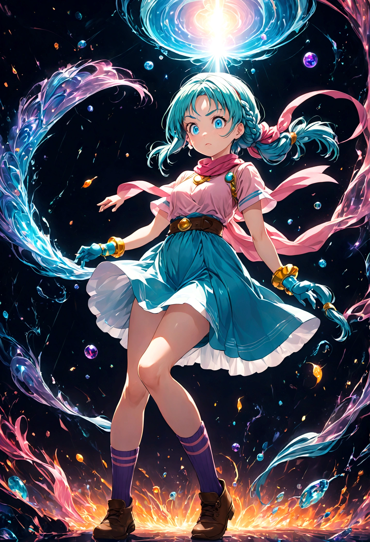 1girl, bulma, blue eyes, blue hair, ankle boots, ankle socks, belt, blue footwear, boots, bracelet, braid, braided ponytail, brown belt, brown gloves, dress, gloves, hair ribbon, jewelry, loose socks, parted bangs, pink dress, purple scarf, purple socks, red ribbon, ribbon, scarf, shoes, short dress, short sleeves, single glove, sneakers, socks, vertical-striped clothes, vertical-striped dress, (Disgusted face), looking at viewer, contempt, shaded, frown, dramatic composition, cinematic dynamic action scene, vibrant colors, cinematic lighting, dramatic lighting, best quality, masterpiece, very aesthetic, perfect composition, intricate details, ultra-detailed