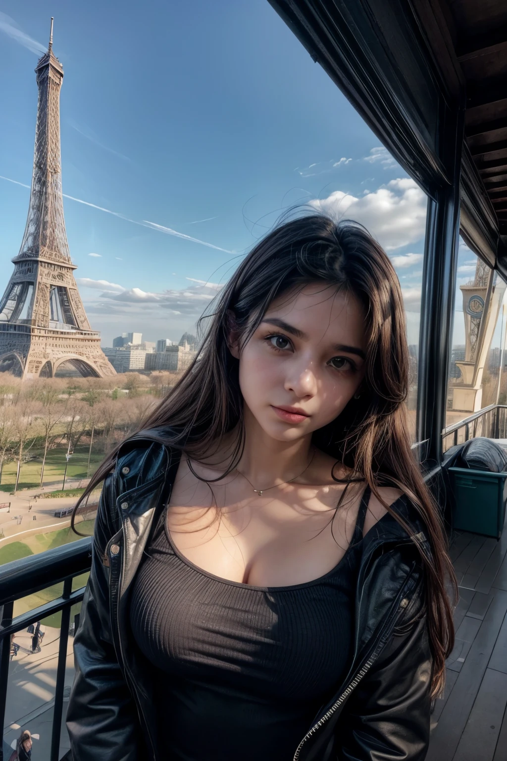 mulher jovem de 30 anos na frente da torre eiffel