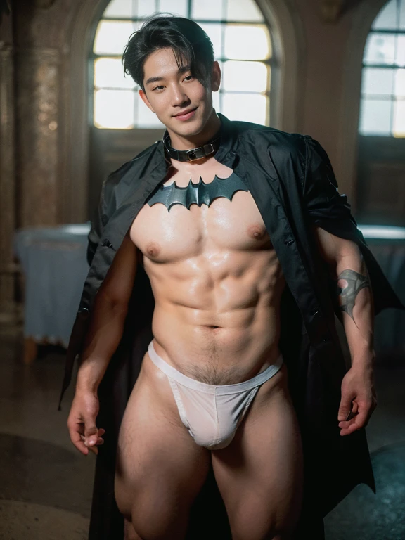 ((Men only)), (handsome man in his 20s), (batman), (Batman's appearance is characterized by sexy micro thong , adorned with a bat emblem), (Mischievous smile), HIG quality, beautidful eyes, (Detailed face and eyes), (Face、: 1 / 2), Noise, Real Photographics、... .PSD, Sharp Focus, High resolution 8K, realisitic & Professional Photography, 8K UHD, Soft lighting, High quality, Film grain, FujifilmXT3 ,sexy , NSFW , eroticism , full length shot(fls) ,standing, (thick thighs , phat hips ,wide pelvis , skindentation & wide hips) , handsome boy , smirk , grins , K-pop idol looking , bare thighs, bare chest , bondage collar , hourglass shaped body , handsome korean boy. , handsome face , detail face