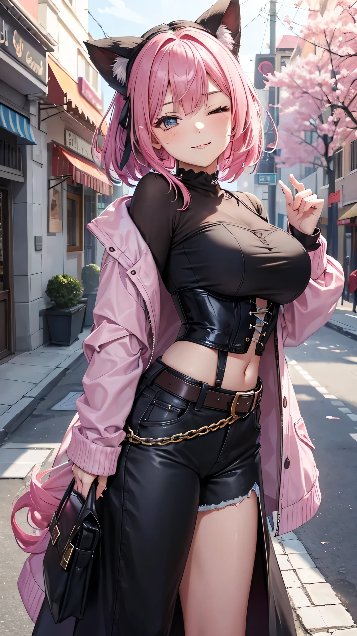 A young 16 year old girl with vibrant pink hair, vestida con un abrigo oscuro y una camisa blanca, with a corset and several belts, pantalones cortos negros y medias hasta el muslo, y botas marrones. The woman has her eyes closed and an expression of gratitude and happiness on her face, ropa muy corta y delgada, le agrada mostrar su cuerpo, chica empoderada, le gusta mostrar su hermoso cuerpo sexualizado porque es muy bella, con rasgos femeninos pronunciados, a veces le gusta salir casi o toda desnuda a la calle.
