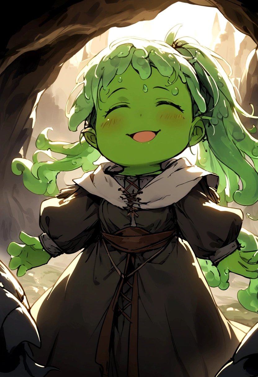 A green slime girl, ((double ponytail hair)), long hair, green skin, green, cave background, medieval clothes, poor clothes, gray and black clothes, monster girl, happy expression