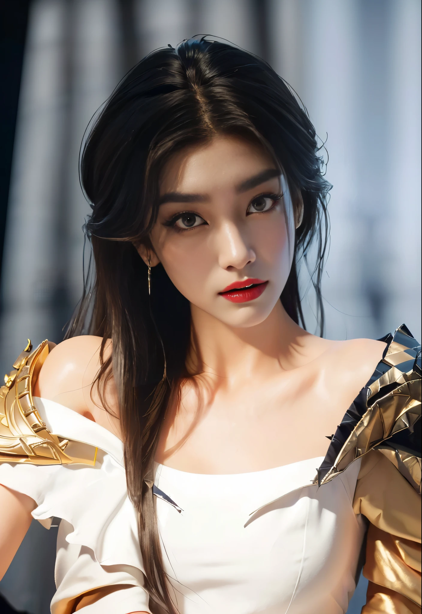 (High resolution,Practical) Long hair girl,skirt, Beautiful demon woman from hell, (in the darkness: 1.6), Very rich facial details，Red-black lips, Shoulder devil tattoo，rugged, Moderate: Detailed facial features, Determine the expression, Dark background，The environment is mysterious and elegant, Model, High contrast required, Jewelry, earrings, miniskirt, shirt, Jacket, brown hair, 白shirt, A bracelet, blue Jacket, skirt, Beautiful demon woman from hell, (in the darkness: 1.6), Surrealist portraits of women by David Hockney and Alphonse Mucha, Fantasy Art, Korean Doll, Photorealism, Dynamic Lighting, Art Station, poster, Volumetric Lighting, Very rich facial details, 8K, in the darkness, Deep Shadows, low pitch, long hair, Black Hair, Luxurious Palace, Royal style, Demon Crown, The red eye makeup is very vivid and detailed, the most beautiful face, Normal breast
