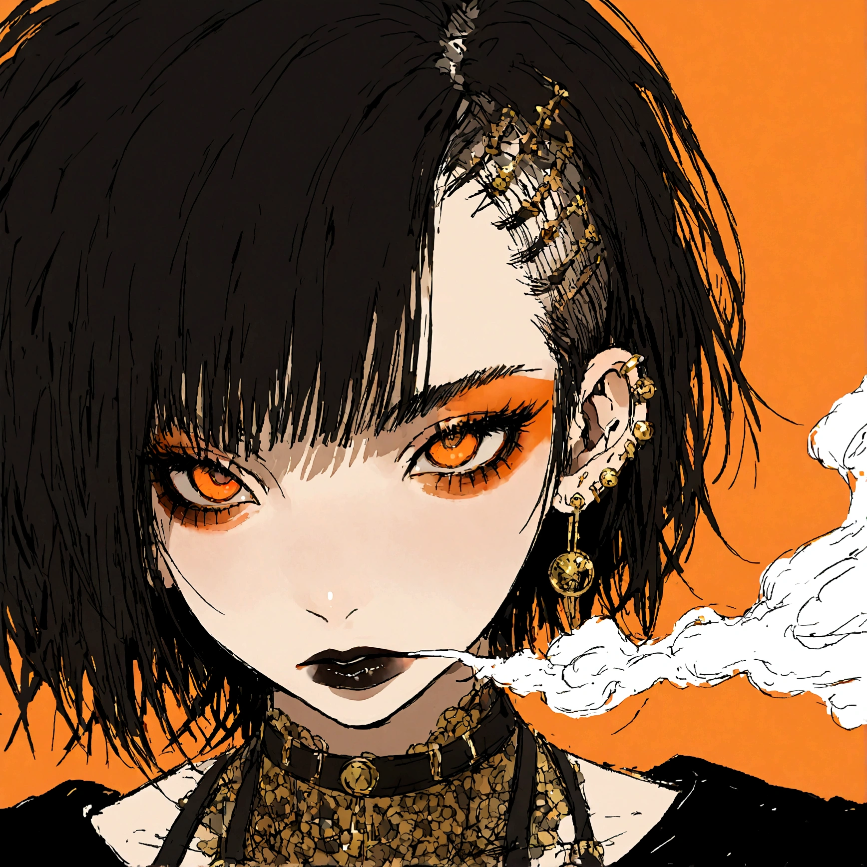 a portrait of a punk female with black hair, orange eyes and an orange backround, smoke coming from mouth, wearing punk goth attire, wearing goth makeup, solo, alone, black eyeliner, (SOLO)(ALONE), intricate gold piercings, has a shaved undercut