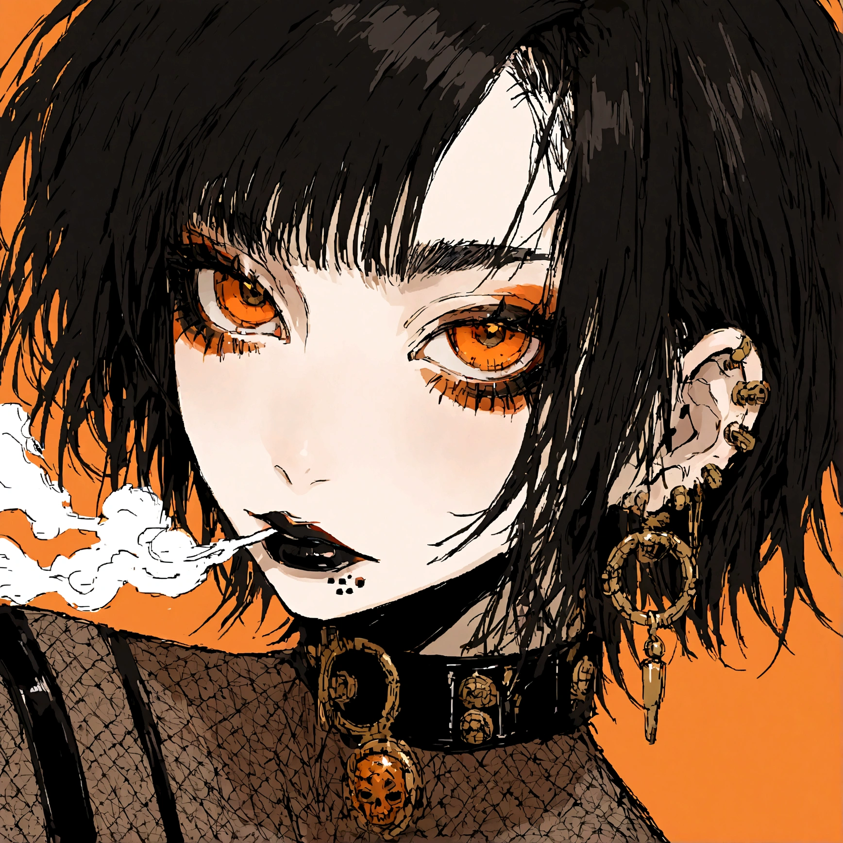 a portrait of a punk female with black hair, orange eyes and an orange backround, smoke coming from mouth, wearing punk goth attire, wearing goth makeup, solo, alone, black eyeliner, (SOLO)(ALONE), intricate gold piercings, has a shaved undercut
