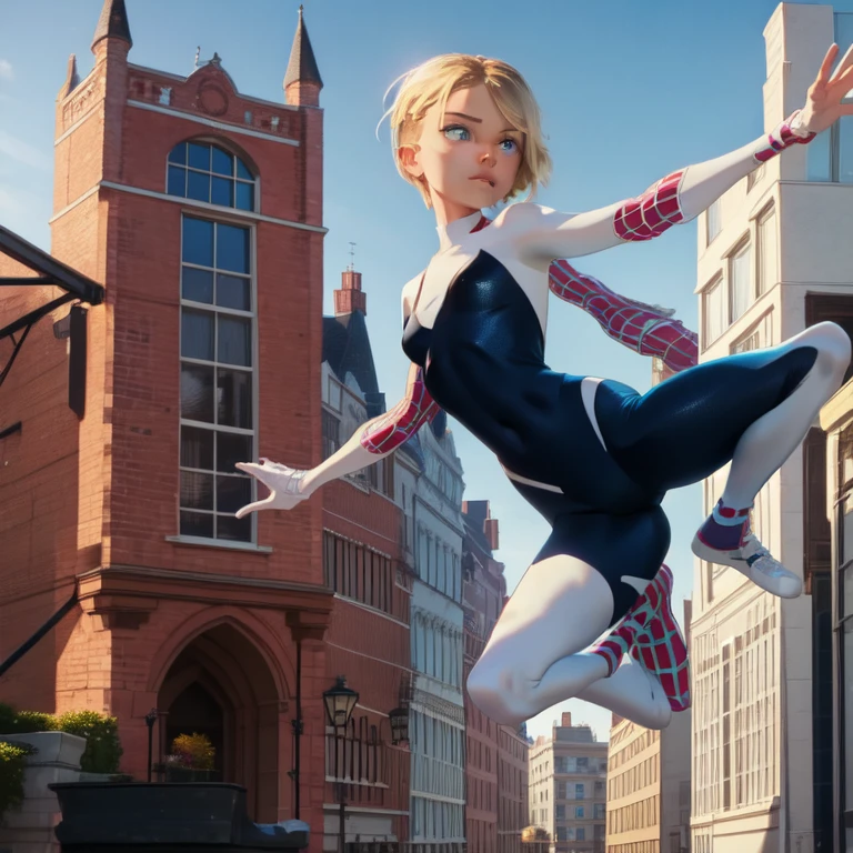 Best quality, one girl, Gwen Stacy, wears Spider suit, web swinging, jump in the air, blue eyes, best eyes, city landscape