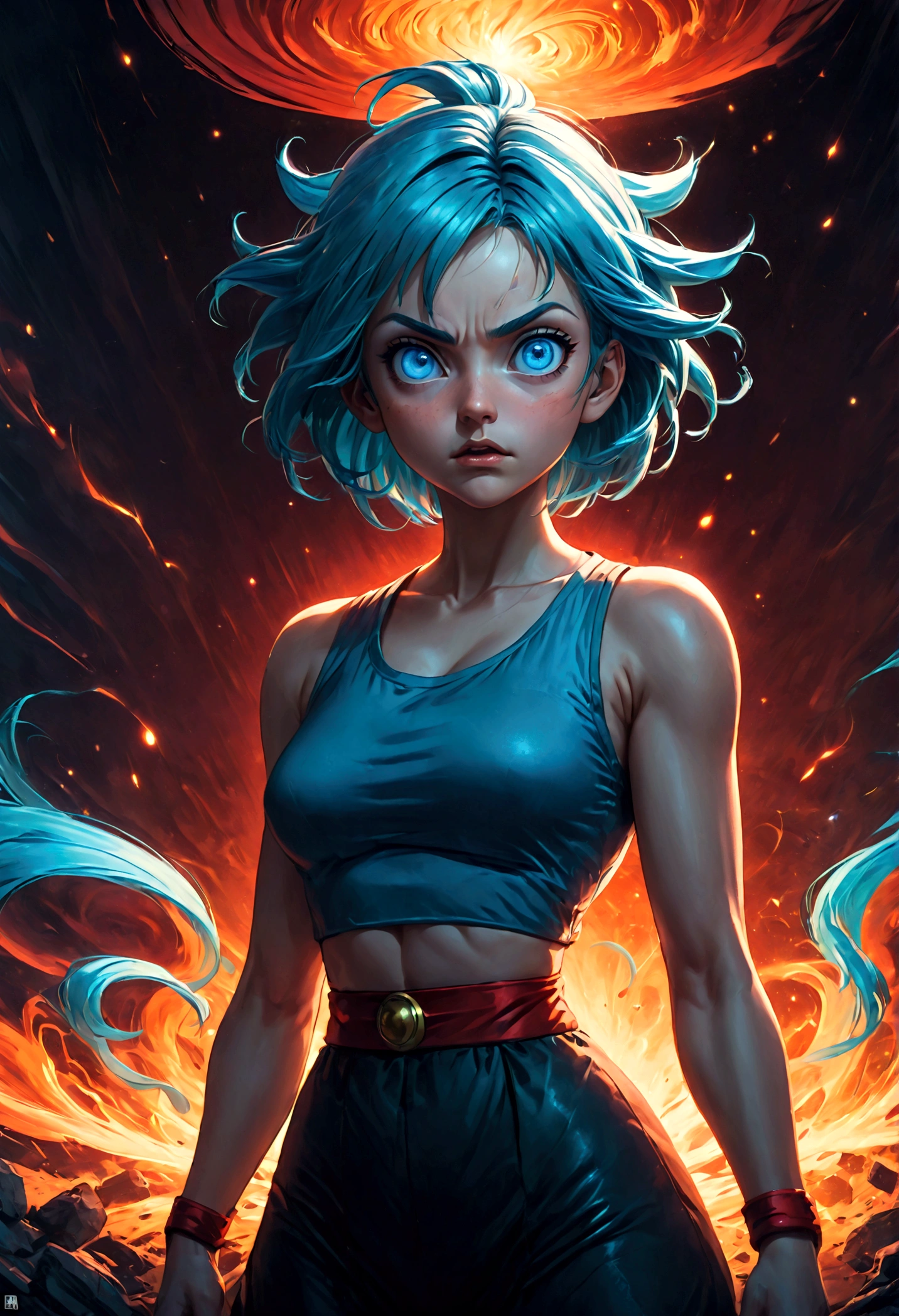 1girl, bulma, blue eyes, blue hair, crop top, headband, red headband, short hair, tank top, (Disgusted face), looking at viewer, contempt, shaded, frown, dramatic composition, cinematic dynamic action scene, vibrant colors, cinematic lighting, dramatic lighting, best quality, masterpiece, very aesthetic, perfect composition, intricate details, ultra-detailed