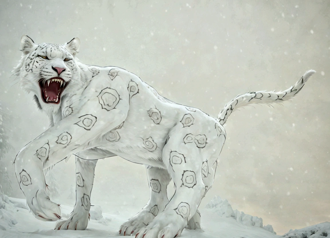 A giant white leopard, (((with 3 long fangs))), snow land, uhd, 12k, photography, Professional photo realistic nikon, masterpiece, ultra realistic, raw photo 