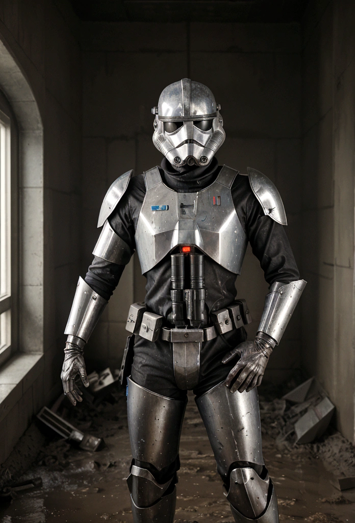 breathtaking cinematic science fiction photo of a portrait of a non human masked Grim dressed as a scout trooper covered in mud, body full glowing metrics in the armour, glowing eyes, l metallic arms, standing in front of a destroyed empire , daylight, extremely menacing creature, highly detailed, award-winning