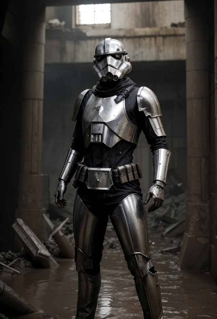 breathtaking cinematic science fiction photo of a portrait of a non human masked Grim dressed as a scout trooper covered in mud, body full glowing metrics in the armour, glowing  eyes, l metallic arms, standing in front of a destroyed empire , daylight, extremely menacing creature, highly detailed, award-winning