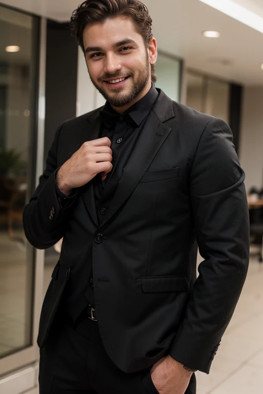 Male stubble beard brown handsome green eyes thin middle curly hair classy dressed casual badass skinny in black suit smiling
