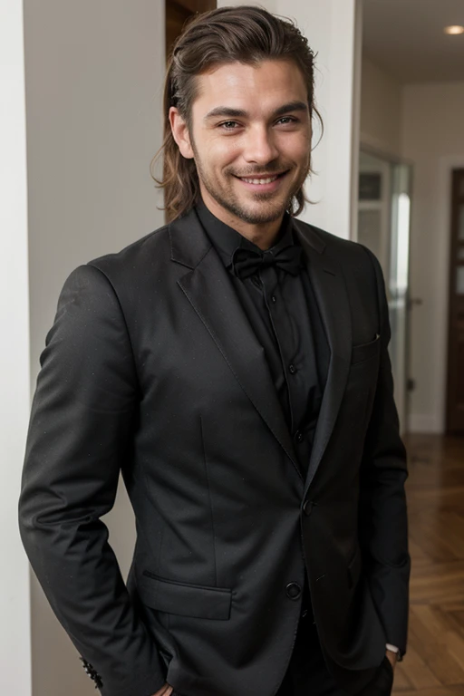 Male stubble beard brown handsome green eyes thin middle curly hair classy dressed casual badass skinny in black suit smiling