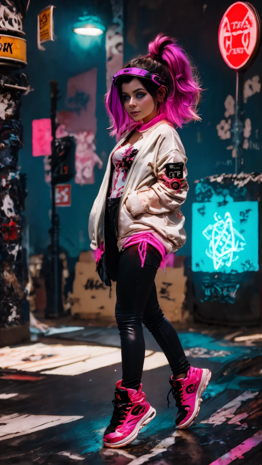 A closeup of Kristin Kreuk in a neon suit, Ambiente ciberpunk, cyberpunk with neon lights, Luz cyberpunk brillante, agachada,Vibraciones ciberpunk, cyberpunk lighting, estilo ciberpunk, neon cyberpunk style, en el estilo cyberpunk, mira ciberpunk, cyberpunk dreamy girl, Foto Ciberpunk, neon cyberpunk, cyberpunk aesthetic, ropa de calle ciberpunk, cyberpunk aesthetic, Cyberpunk art style, Portero del streetwear cyberpunk,sabes, dedos perfectos,neon hair color, Textura de detalle, detalle del cabello,Pantalon long noir fluo, hermoso rostro,pelo ondulado,Detailed neon black shoes.,