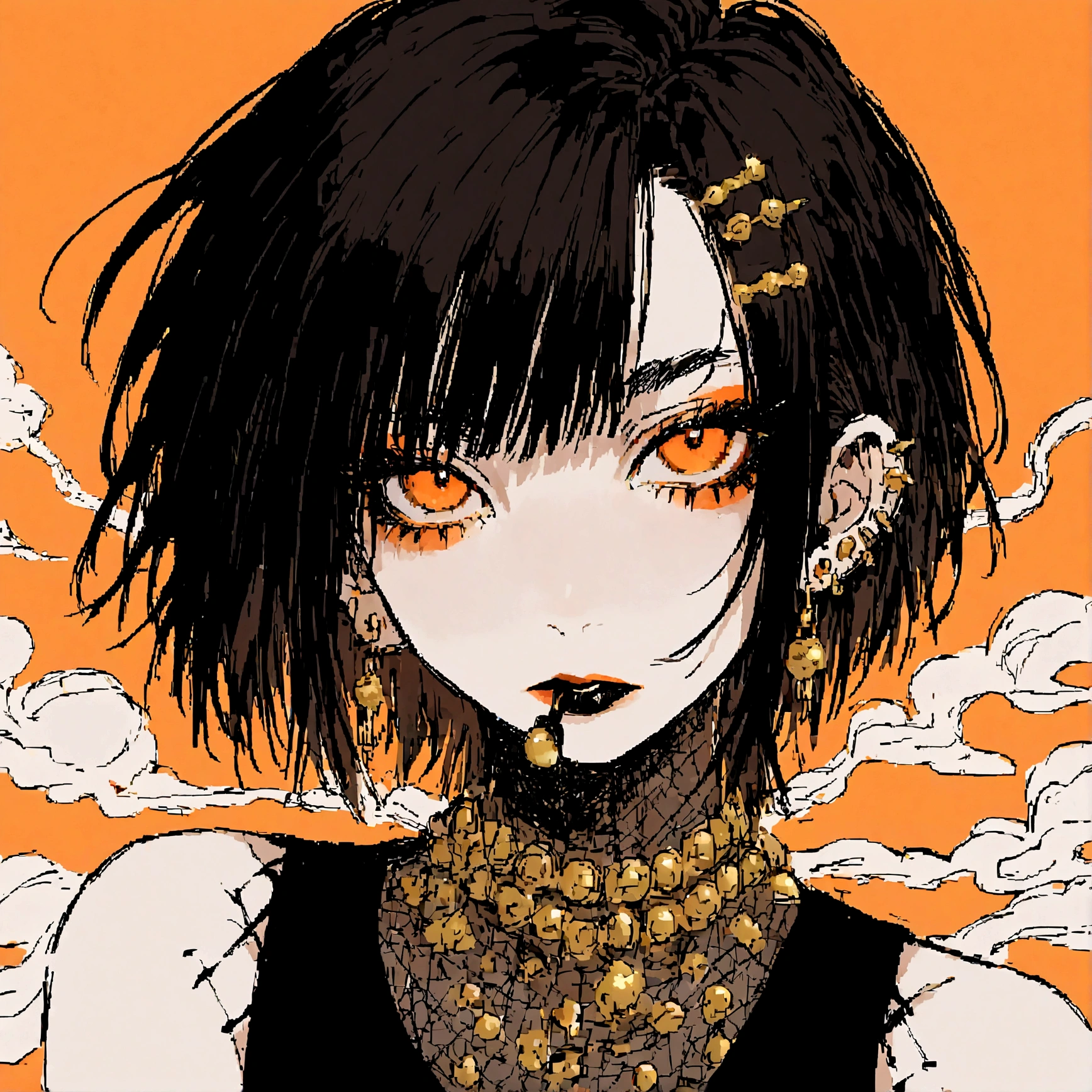 a portrait of a punk female with long black hair, orange eyes and an orange backround, smoke coming from mouth, wearing punk goth attire, wearing goth makeup, solo, alone, black eyeliner, (SOLO)(ALONE), intricate gold piercings, has a shaved undercut