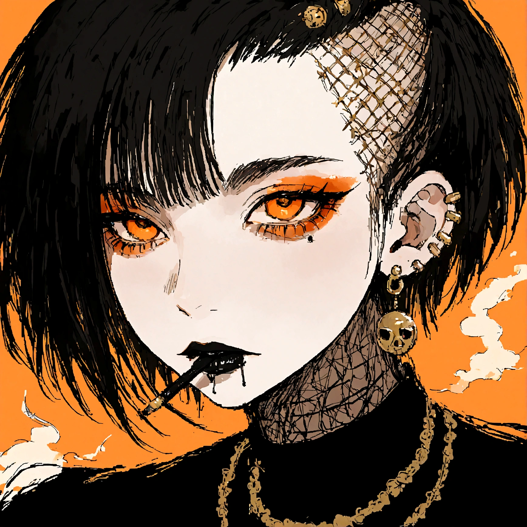 a portrait of a punk female with long black hair, orange eyes and an orange backround, smoke coming from mouth, wearing punk goth attire, wearing goth makeup, solo, alone, black eyeliner, (SOLO)(ALONE), intricate gold piercings, has a shaved undercut