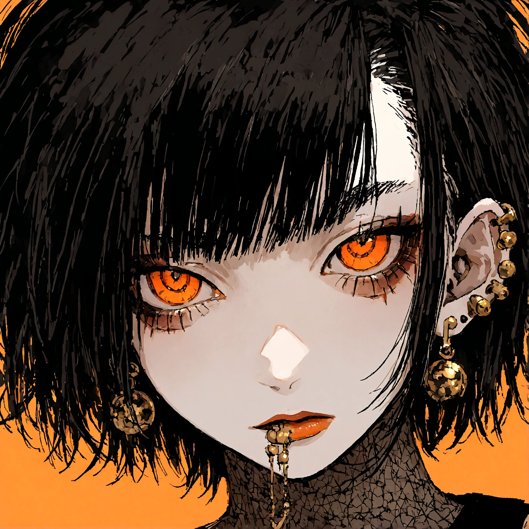 a portrait of a punk female with long black hair, orange eyes and an orange backround, smoke coming from mouth, wearing punk goth attire, wearing goth makeup, solo, alone, black eyeliner, (SOLO)(ALONE), intricate gold piercings, has a shaved undercut