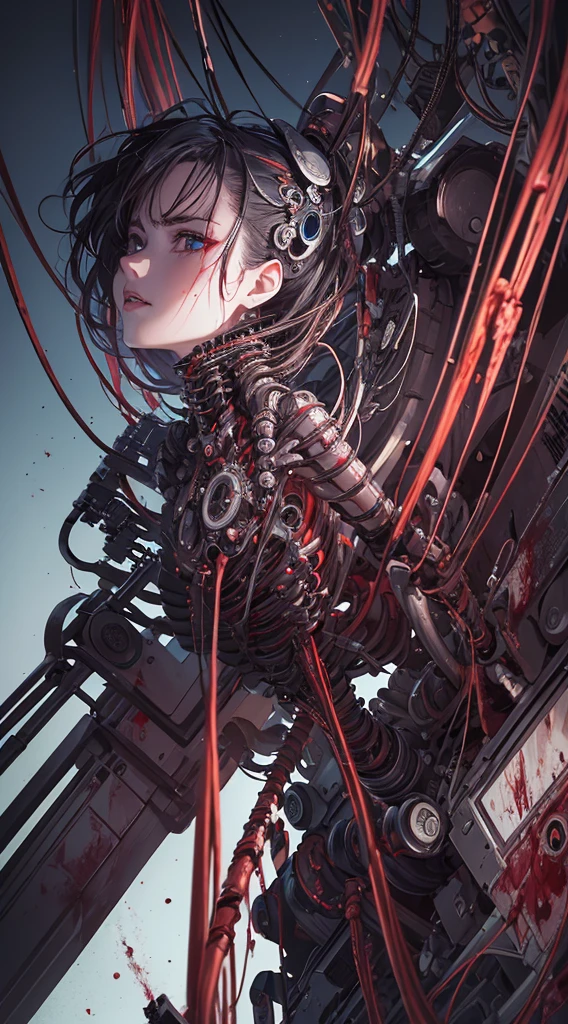 (((Masterpiece))), ((Best Quality)), (Super Detail), (CG Illustration), (Very Evil and Beautiful)), Cinematic Light, ((1 Mechanical Girl)), Single, (Mechanical Art: 1.4), ((Mechanical limb)), (Blood vessel attached to a tube), ((Mechanical spine attached to the back)), ((Mechanical cervical vertebrae attached to the neck), (Back to the viewer)), expressionless, ( Wires and cables attached to the head and body: 1.5), Science Fiction, Apocalypse, Ruins, (Lower Body Integrated with Mechanical Devices), (Blood: 1.5), Cruelty, Absurdity, Eroticism, Fusion with Machines, Doomsday Time, Super Future, Inorganic, Laboratory, Restraint, (Beautiful Indulgence: 1.2), (1 Girl: 1.3), Body Wrapped Around Mechanical Tentacles
