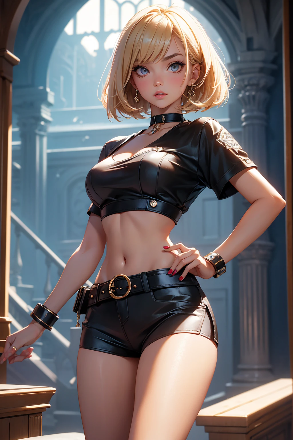Teenage girl 20 years old, hot model, blonde, bob hairstyle, bangs, brown eyes, makeup, manicure, very tanned, crop sleeve top, very short mini shorts, bracelets, choker, beautiful long legs, beautiful thigh line, hands on hips, flirty posing, sexy girl, punished slave girl, handcuffs and shackles on her hands, dungeon, haunted castle, aesthetics, top quality,