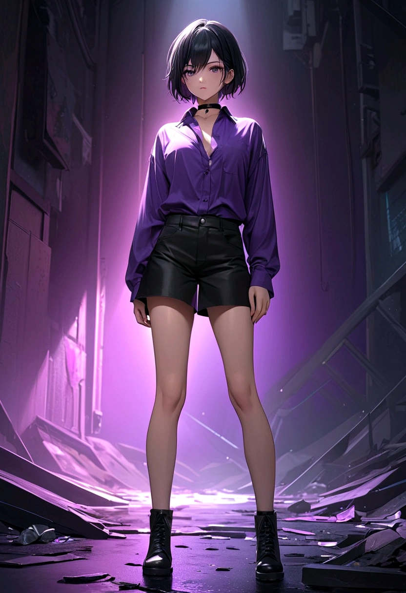full body, tomboy, mature, sexy, smart, hair color black, short pitch black hair, real detail eyes pupil purple, long purple plain closed button shirt, black chokers, anime style, detailed, (best quality,4k,8k,highres,masterpiece:1.2),ultra-detailed,vibrant colors,dramatic lighting,cinematic composition,digital painting, white background.