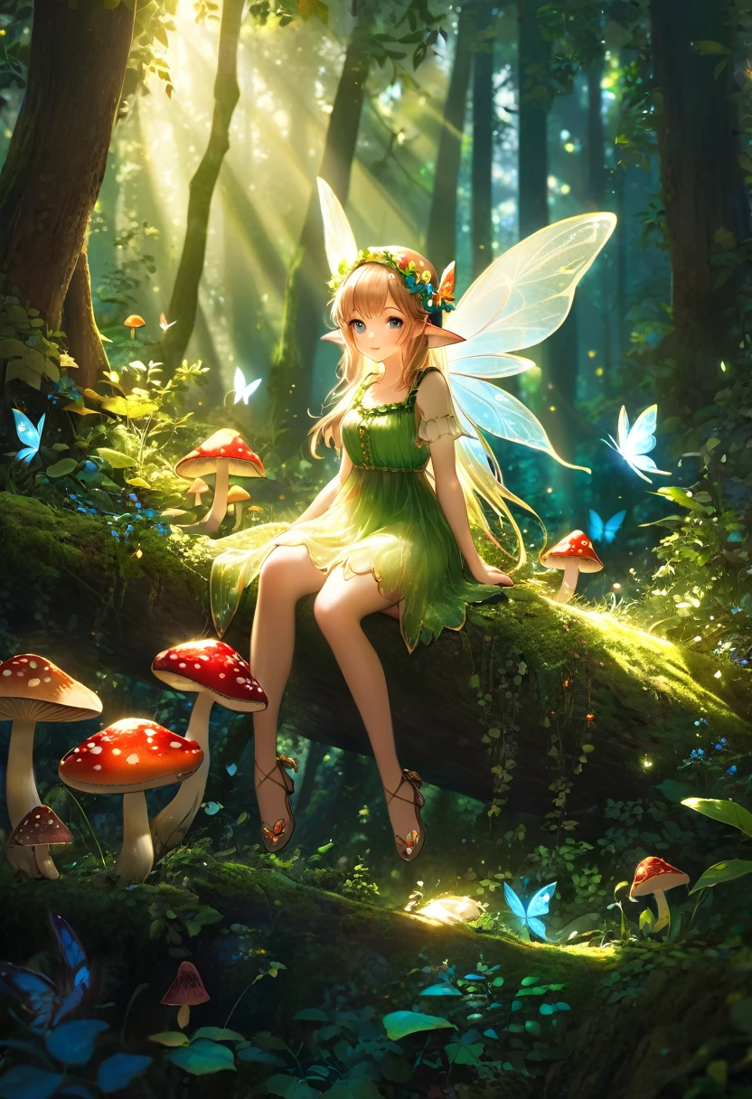 a beautiful enchanted forest, sunlight filtering through lush foliage, a fairy sitting on a mushroom, detailed fairy with butterfly wings, bright vibrant colors, cinematic lighting, 8k, highly detailed, photorealistic