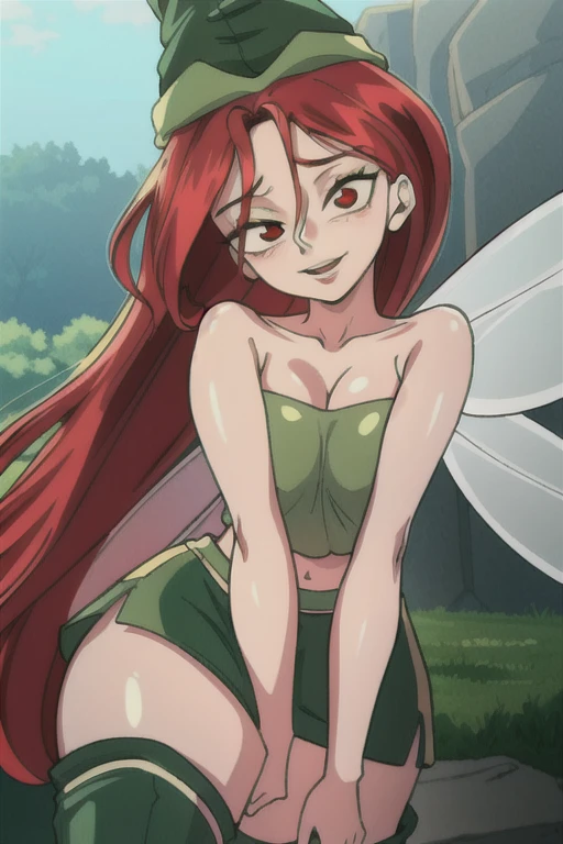 best quality, intricate details, ,(masterpiece:1.1), looking at viewer, solo, 1girl, betilla, fairy, wings, grey skin, long red hair, red eyes, gesugao, gesugao facial expression, sadistic smile, pointed green hat, green tube top, green mini skirt, green knee-high boots, Nunnya anime style
