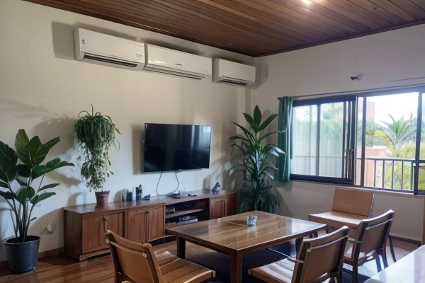 Imagem de uma sala com ventiladores, janelas abertas e plantas