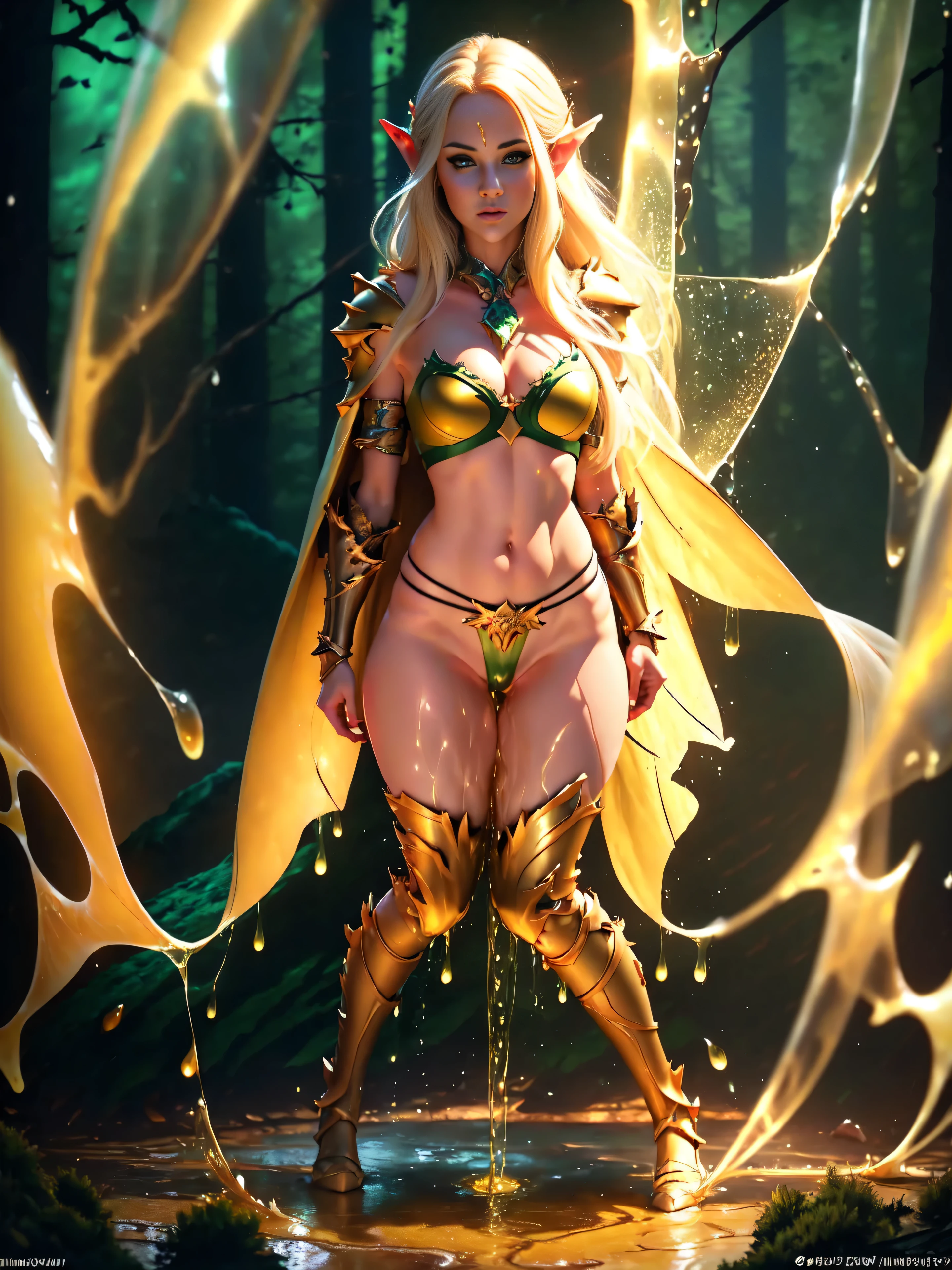 (masterpiece, clean, 8K, high res), pov, from front, full body portrait of a beautiful woman, extremely detailed face, slender body, narrow waist, bright golden hair, small breasts,  wearing intricate green and white armor, (chest armor) , elven torso armor, (green mini skirt), belt, cape, tiara,  , (legs apart)、(open_front_skirtl) , (white panties:1.3),  (standing on a rock: 1.2)、(peeing self:1.5 ), (pee running down legs:1.5 ), wet panties, wet pants, wet. skirt, (pee spray falling between legs:1.5), (pee puddle:0.5 ), (droplets of yellow liquid on thighs and panties:1.8 ), (stream of yellow liquid falling between legs starting at subject crouch:1.8) , (super beautiful)、(beautiful face:1.5), sunset lighting, deep shadows, (forest background:1.5 ) ,  an elven ranger with no bladder control 