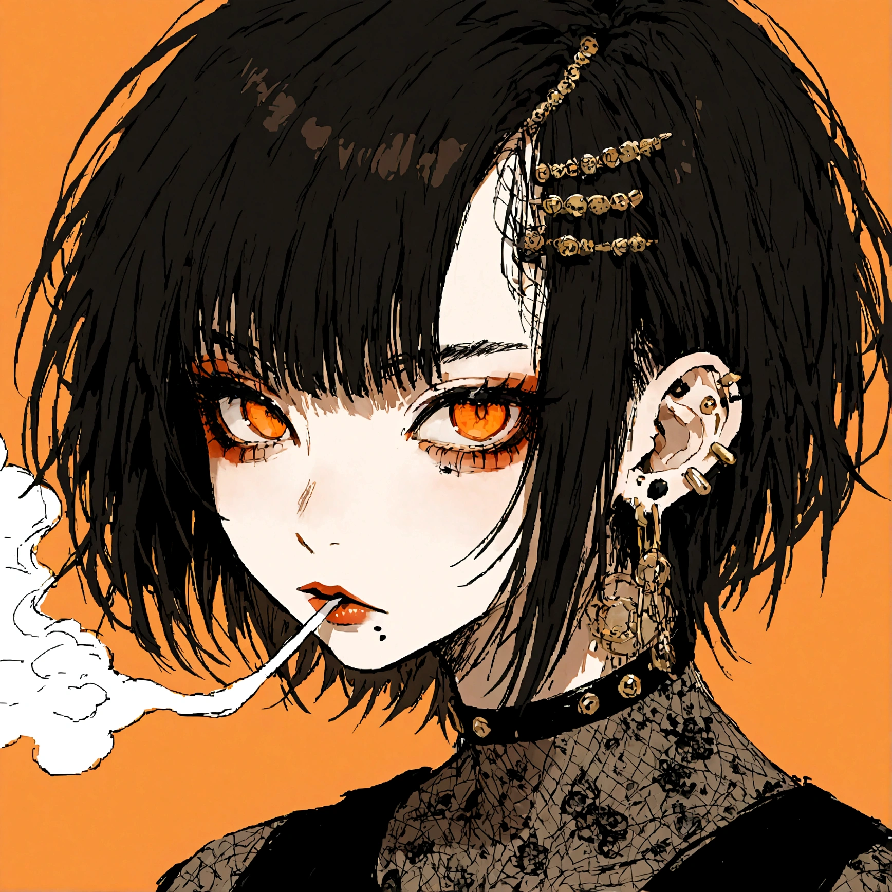 a portrait of a punk female with long black hair, orange eyes and an orange backround, smoke coming from mouth, wearing punk goth attire, wearing goth makeup, solo, alone, black eyeliner, (SOLO)(ALONE), intricate gold ear piercings, has a shaved undercut