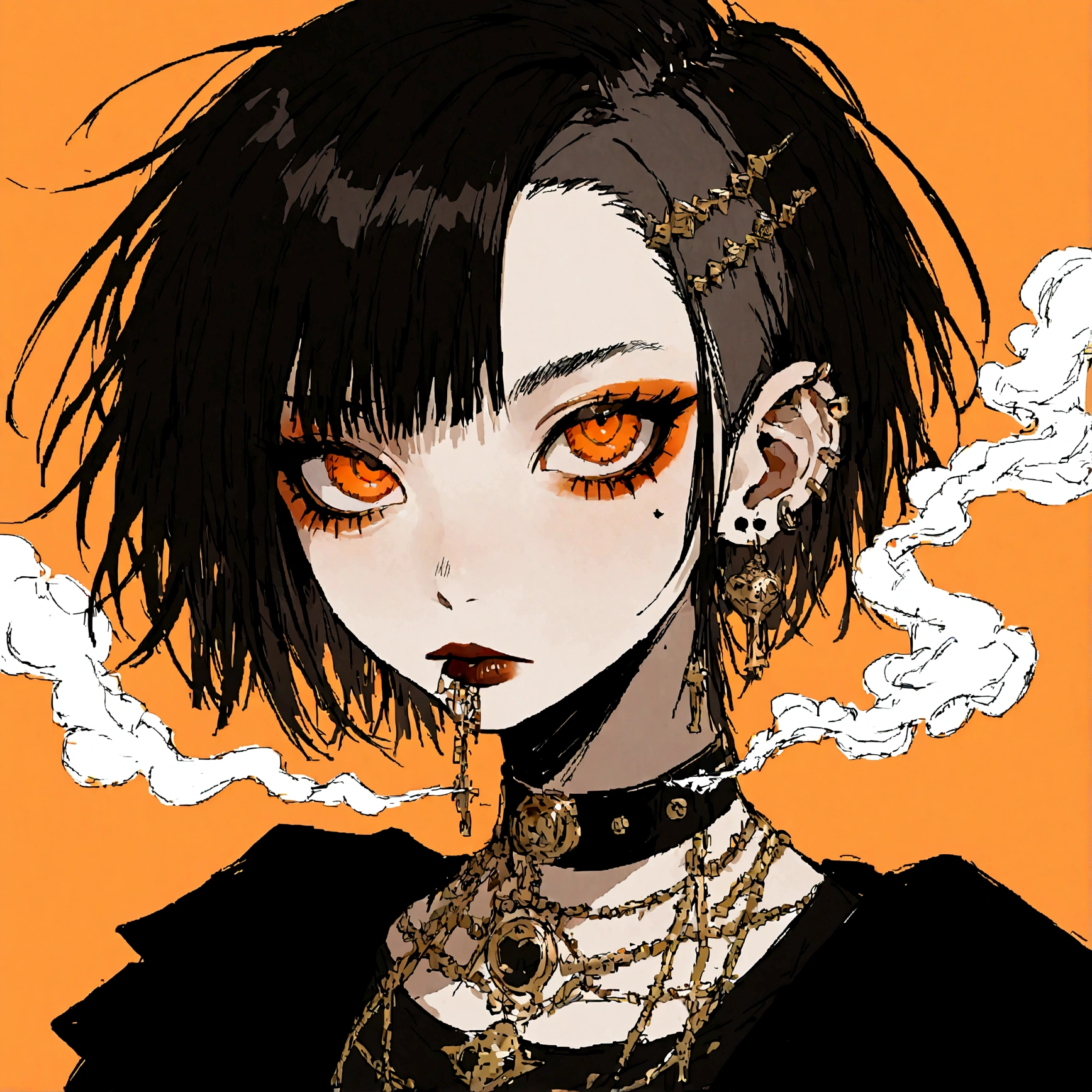 a portrait of a punk female with long black hair, orange eyes and an orange backround, smoke coming from mouth, wearing punk goth attire, wearing goth makeup, solo, alone, black eyeliner, (SOLO)(ALONE), intricate gold ear piercings, has a shaved undercut