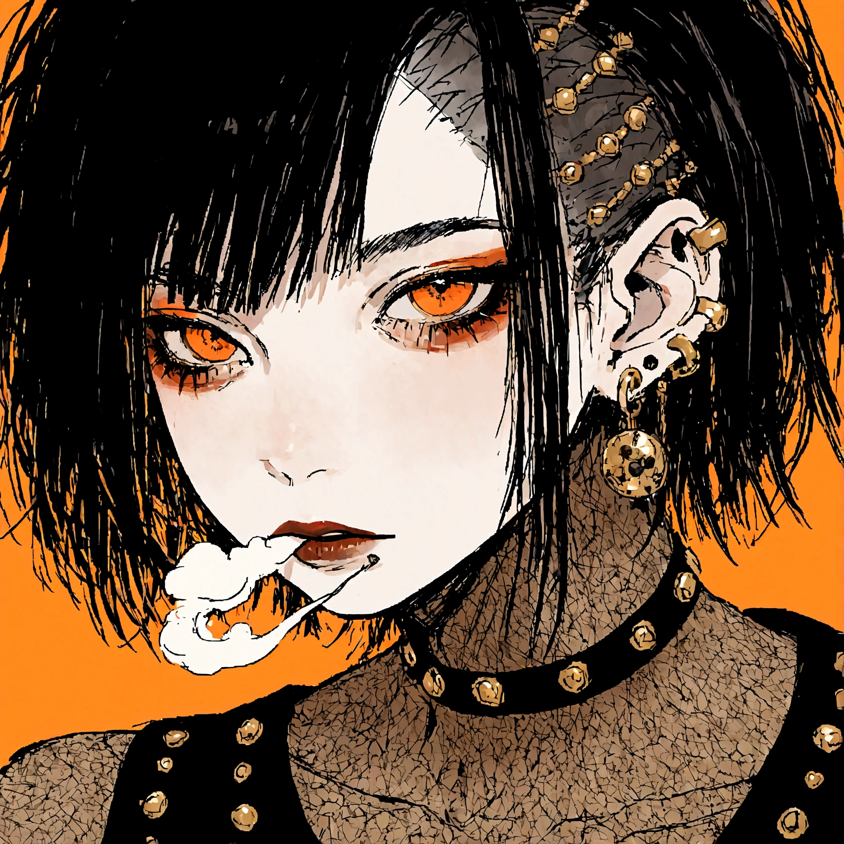 a portrait of a punk female with long black hair, orange eyes and an orange backround, smoke coming from mouth, wearing punk goth attire, wearing goth makeup, solo, alone, black eyeliner, (SOLO)(ALONE), intricate gold ear piercings, has a shaved undercut