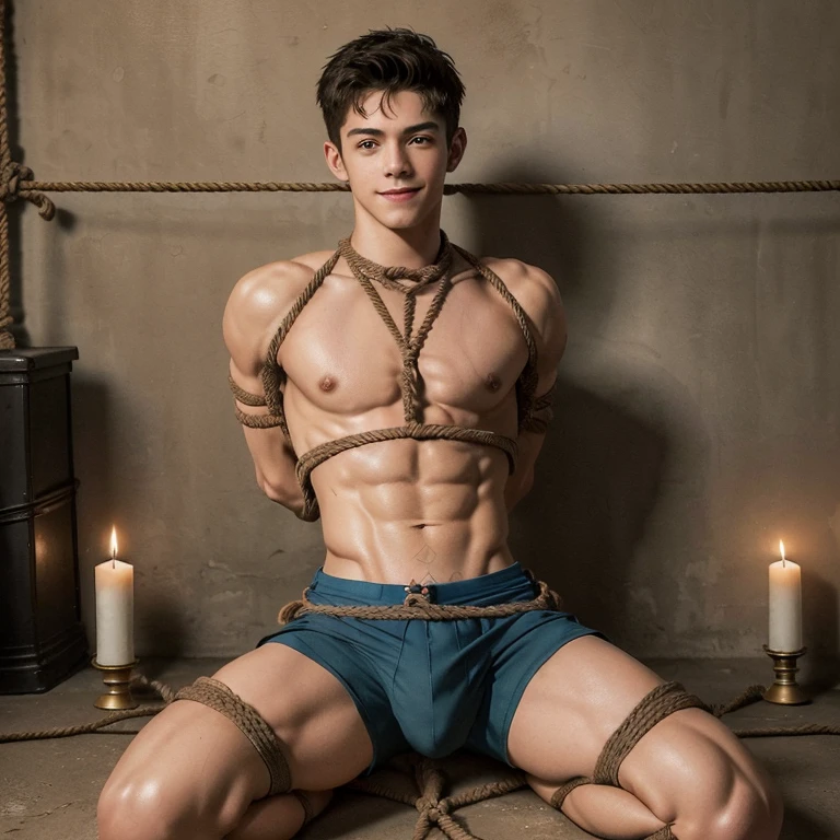  (((18 year old shirtless, very skinny twink))), fair hair, handsome face, smile (((wearing gym shorts))) biceps flexed, kneeling, ((((Trussed up completely with rope)))), ((((very tight rope crossed over chest)))),(((body in tight shibari ropes))) sweating, wet skin, in a dungeon with candles and a fireplace 
