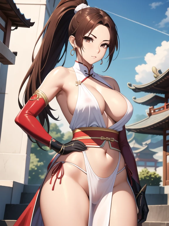 absurdres, highres, (official art, beautiful and aesthetic:1.2), ultra detail, beautiful person, mature female,
narrow waist, wide hips, choker,
pelvic curtain, upskirt, white thong, highleg thong, pantyshot,
maishiranui, 1girl, solo, bridal gauntlets, brown hair, red china dress, chinese clothes, earrings, elbow gloves, jewelry, large breasts, long hair, ponytail, outdoors,